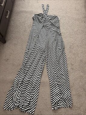 Striped Halter Wide-Leg Jumpsuit - Black & White
